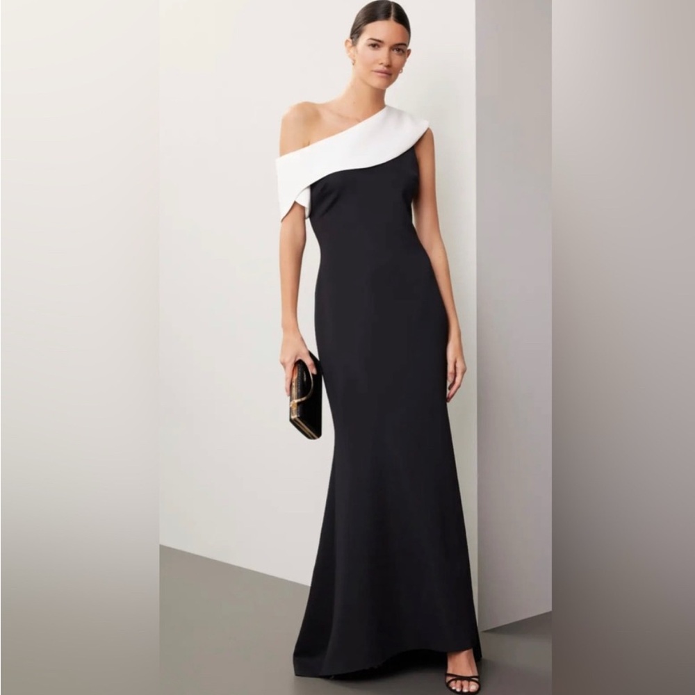 Badgley Mischka One-Shoulder Black and White Dress